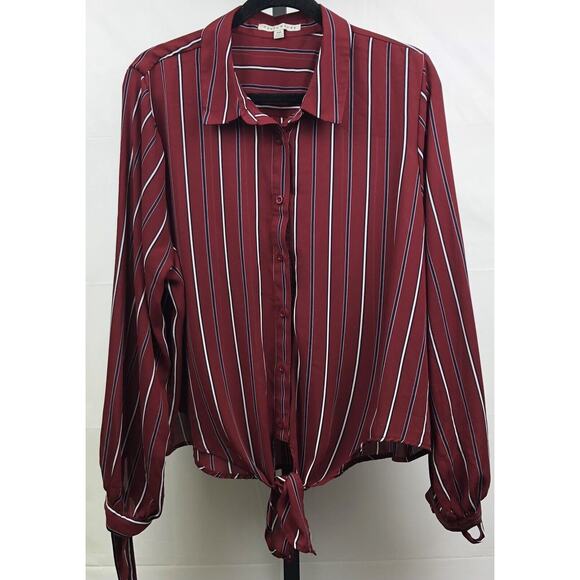Haute Monde Button Up Blouse Women 2XL Maroon Stripe Semi Sheer Tie Waist & Cuff - Picture 1 of 12